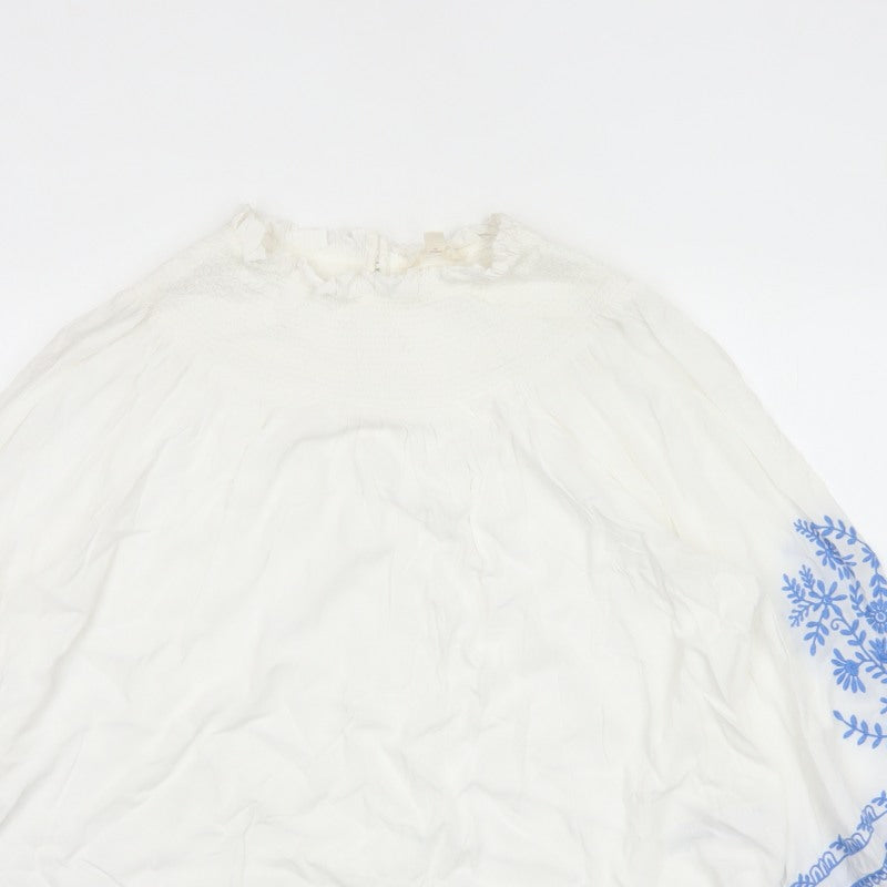 Marks and Spencer Women White Blue Floral Embroidered Blouse UK 16