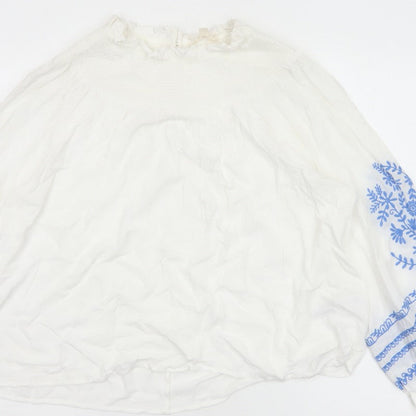 Marks and Spencer Women White Blue Floral Embroidered Blouse UK 16