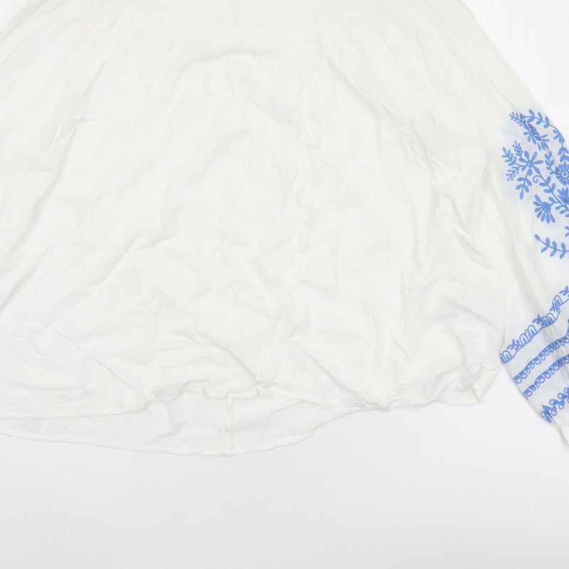 Marks and Spencer Women White Blue Floral Embroidered Blouse UK 16