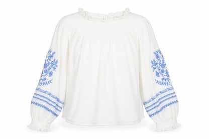 Marks and Spencer Women White Blue Floral Embroidered Blouse UK 16