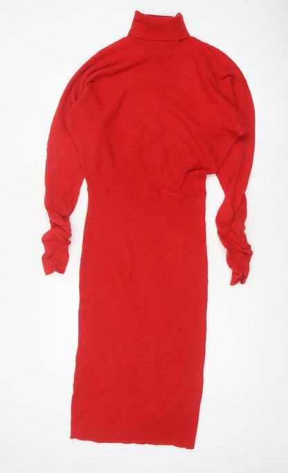 Reiss Women Red M Merino Wool Jumper Midi Roll Neck Dress