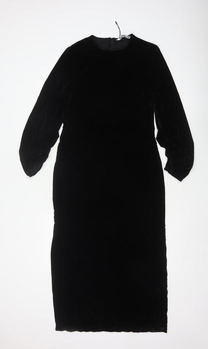 Zara Women Black S Velvet Long Bodycon Balloon Sleeve Party Dress