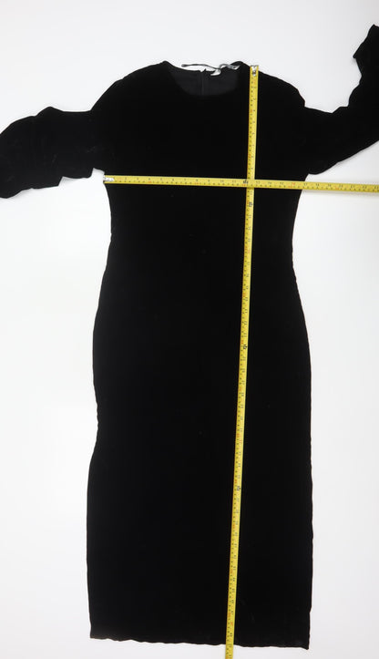 Zara Women Black S Velvet Long Bodycon Balloon Sleeve Party Dress