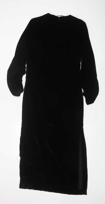Zara Women Black S Velvet Long Bodycon Balloon Sleeve Party Dress