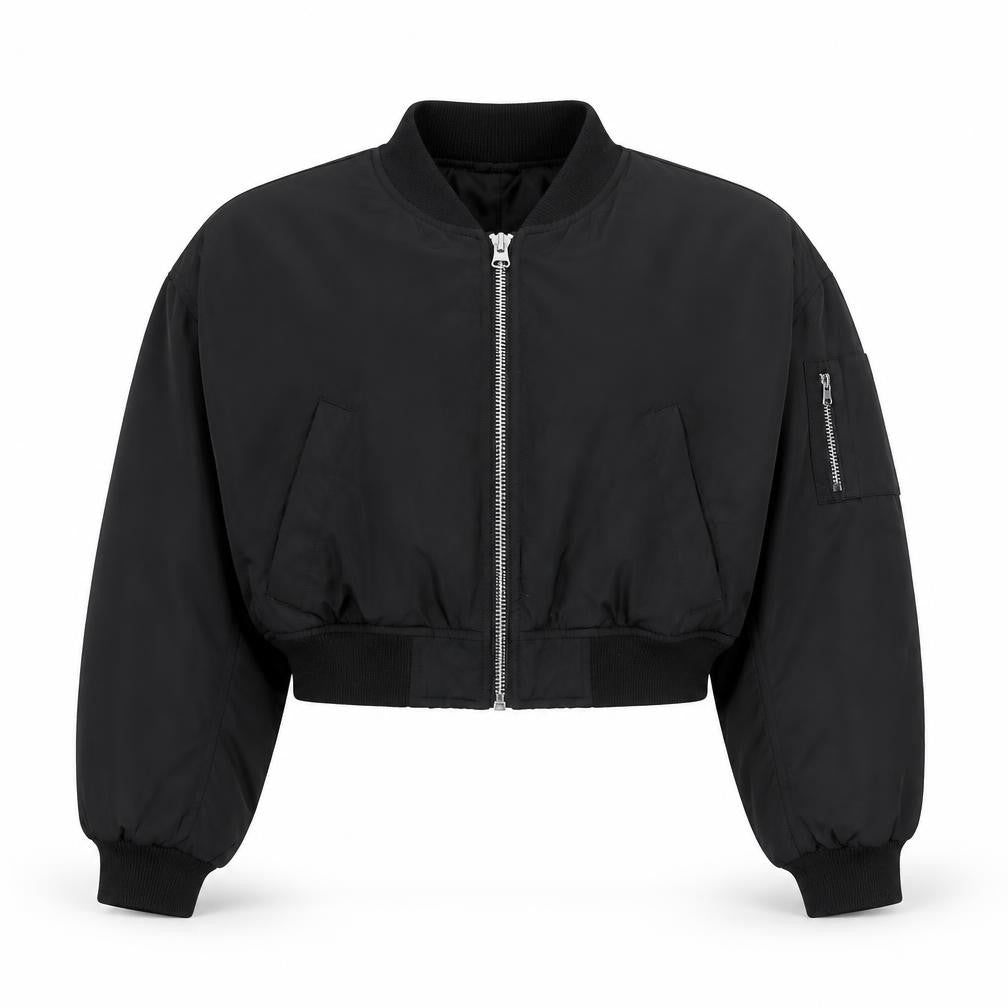 H&M Women’s Black M Cropped Padded Bomber Jacket Full Zip