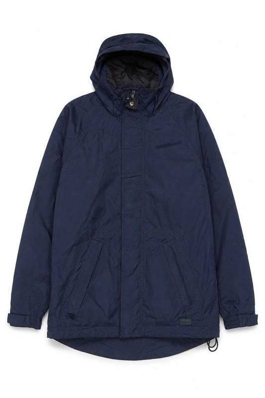 Front view of Wynnster Men's Blue Small Hooded Stowaway Waterproof Rain Jacket