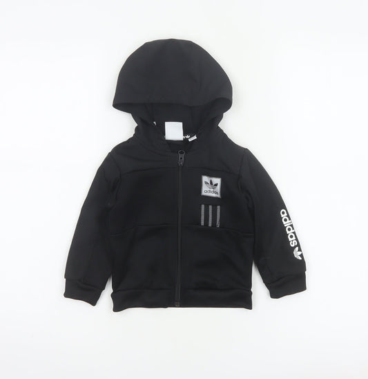 Back view of adidas unisex baby black 9-12 months hooded full zip track jacket
