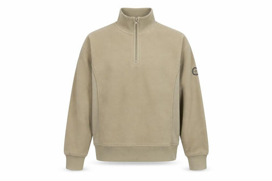 Front view of Melka Men's Beige M Quarter Zip Fleece Sweatshirt High Neck Pockets