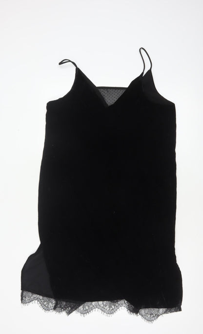 River Island Women Black UK 14 Velvet Lace Trim Slip Dress Party