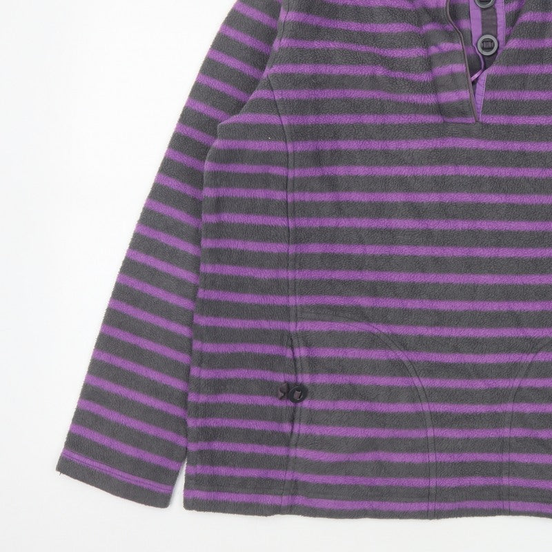 Maine New England Women’s Grey Purple Striped Fleece Henley Sweatshirt UK 16