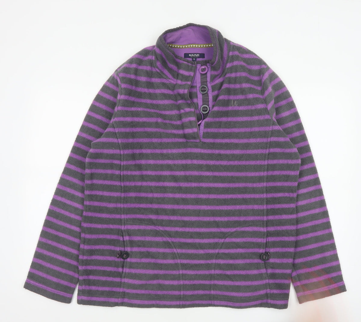 Maine New England Women’s Grey Purple Striped Fleece Henley Sweatshirt UK 16