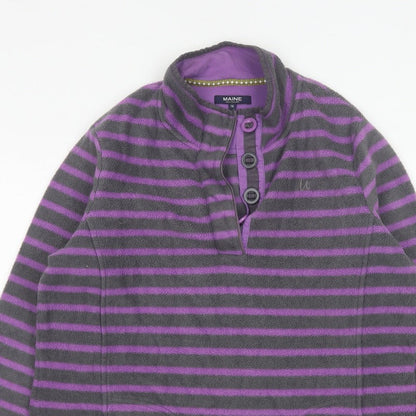 Maine New England Women’s Grey Purple Striped Fleece Henley Sweatshirt UK 16