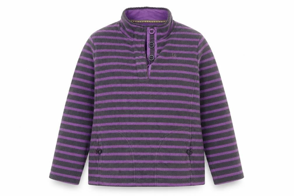 Maine New England Women’s Grey Purple Striped Fleece Henley Sweatshirt UK 16