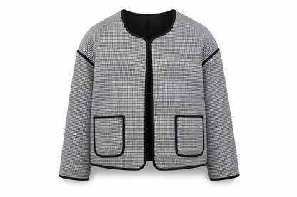 River Island Women’s Black Check Collarless Jacket Size L Lined