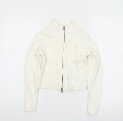 M&S Girls Ivory Full Zip Rib Knit Cotton Jumper Cardigan 9-10 Years