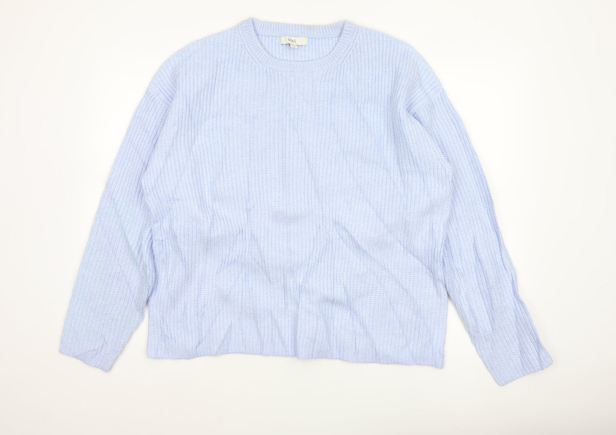 Marks and Spencer Women Blue L Rib Knit Crew Neck Pullover Jumper
