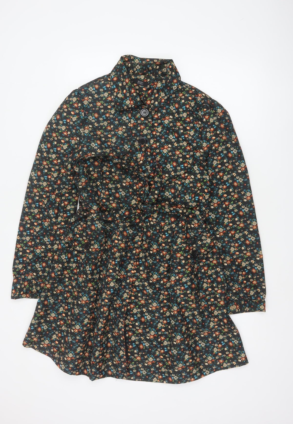 F&F Women’s Black Floral Belted Trench Coat Size 14