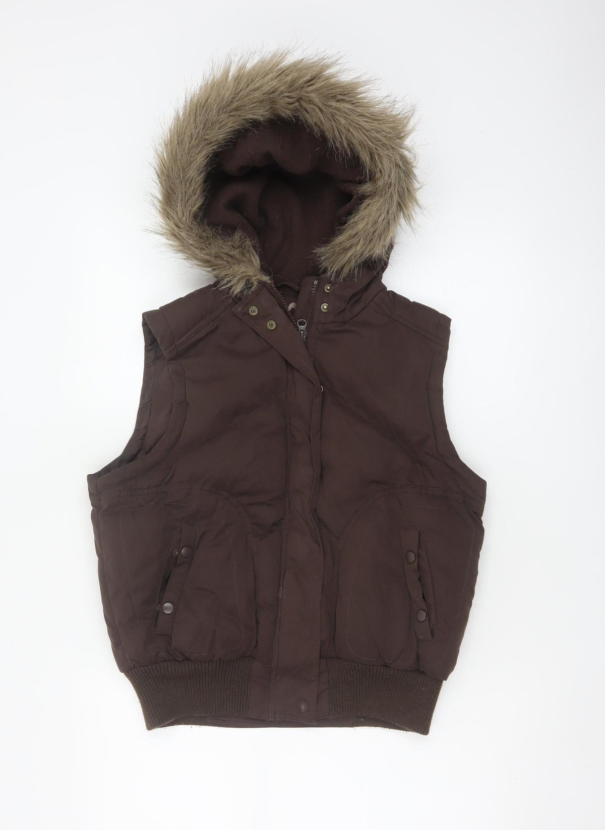 Dorothy Perkins Women Brown UK 12 Hooded Faux Fur Padded Waistcoat