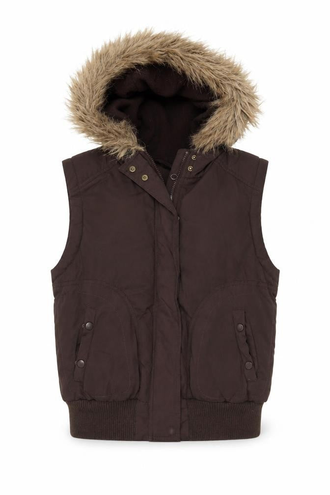 Dorothy Perkins Women Brown UK 12 Hooded Faux Fur Padded Waistcoat