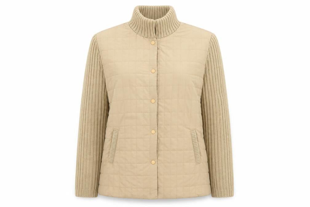 Damart Women’s Beige M Quilted Padded Knit Sleeve Mid-Length Jacket