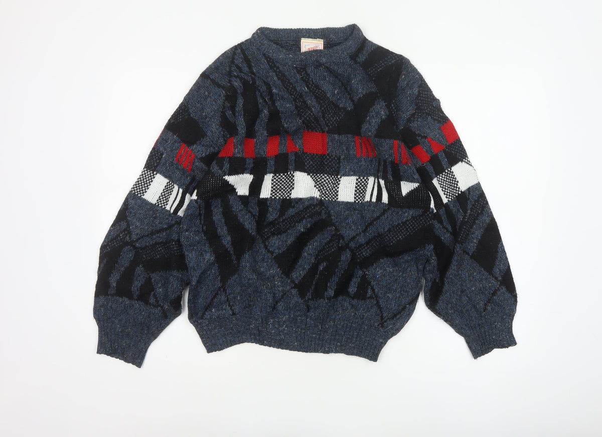 Aviator Mens Blue M Chunky Knit Geometric Retro 90s Pullover Jumper