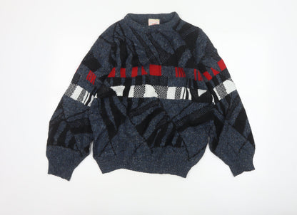 Aviator Mens Blue M Chunky Knit Geometric Retro 90s Pullover Jumper
