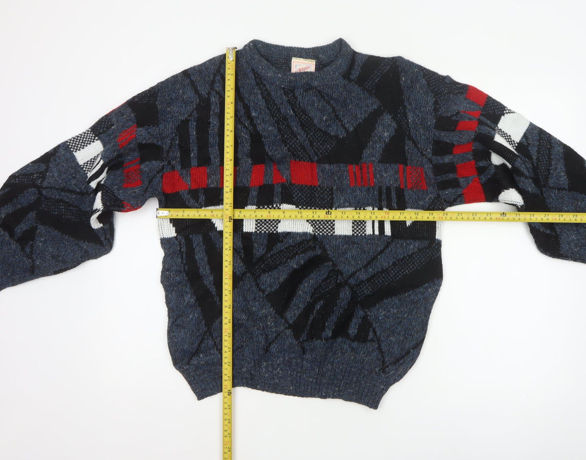 Aviator Mens Blue M Chunky Knit Geometric Retro 90s Pullover Jumper