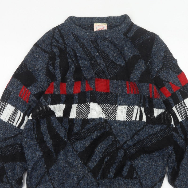 Aviator Mens Blue M Chunky Knit Geometric Retro 90s Pullover Jumper