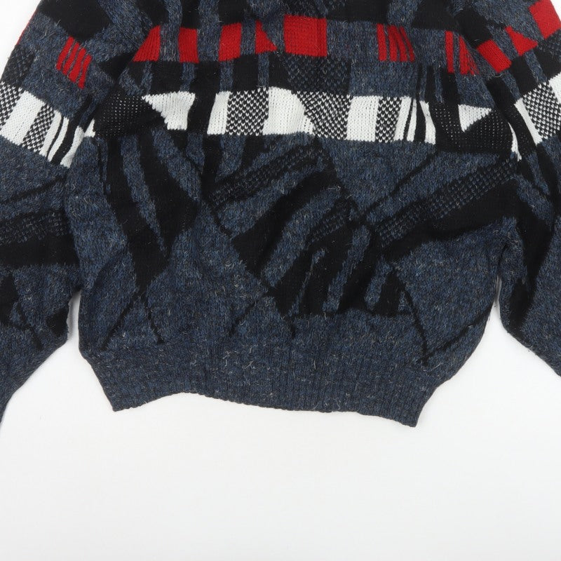 Aviator Mens Blue M Chunky Knit Geometric Retro 90s Pullover Jumper