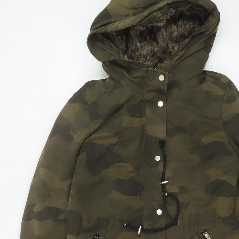 Divided H&M Women Green Camo UK 8 Hooded Faux Fur Parka Coat