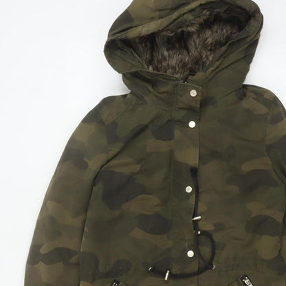 Divided H&M Women Green Camo UK 8 Hooded Faux Fur Parka Coat