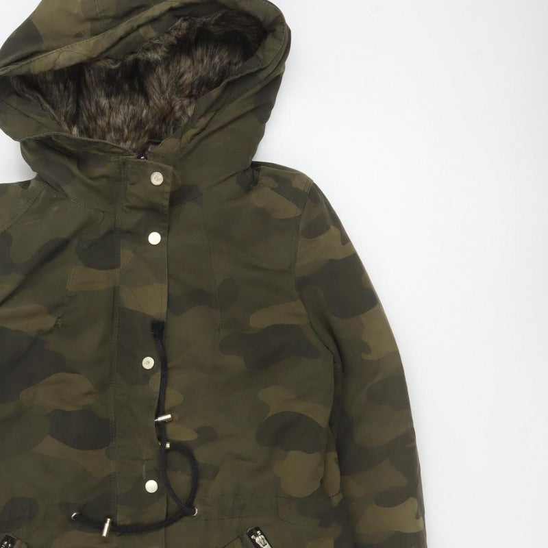 Divided H&M Women Green Camo UK 8 Hooded Faux Fur Parka Coat