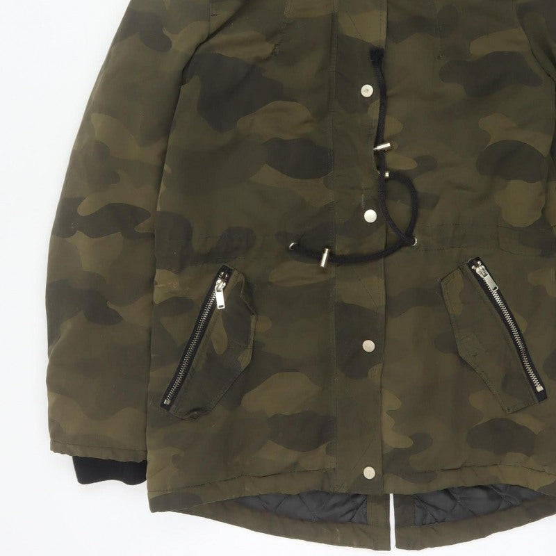Divided H&M Women Green Camo UK 8 Hooded Faux Fur Parka Coat