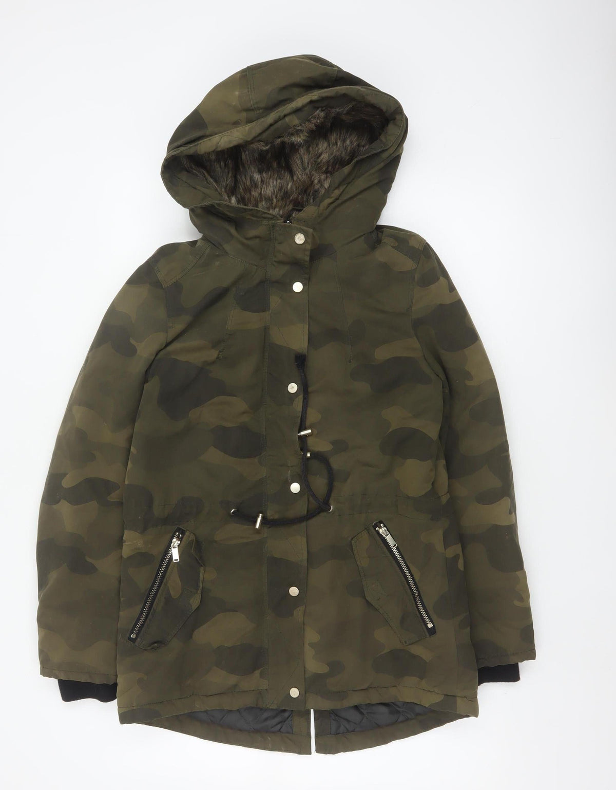 Divided H&M Women Green Camo UK 8 Hooded Faux Fur Parka Coat