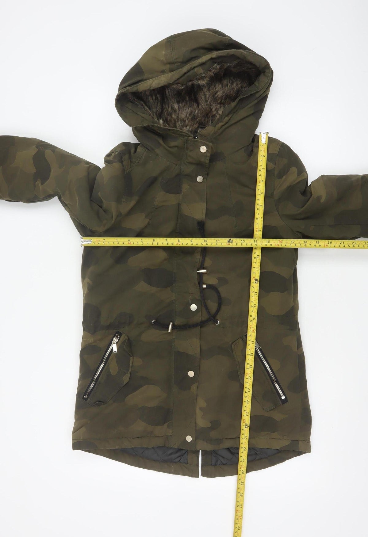 Divided H&M Women Green Camo UK 8 Hooded Faux Fur Parka Coat