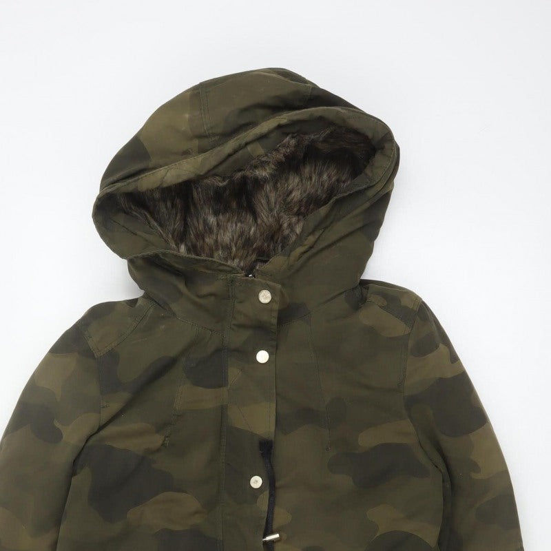 Divided H&M Women Green Camo UK 8 Hooded Faux Fur Parka Coat