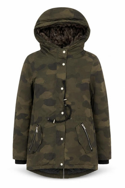 Divided H&M Women Green Camo UK 8 Hooded Faux Fur Parka Coat