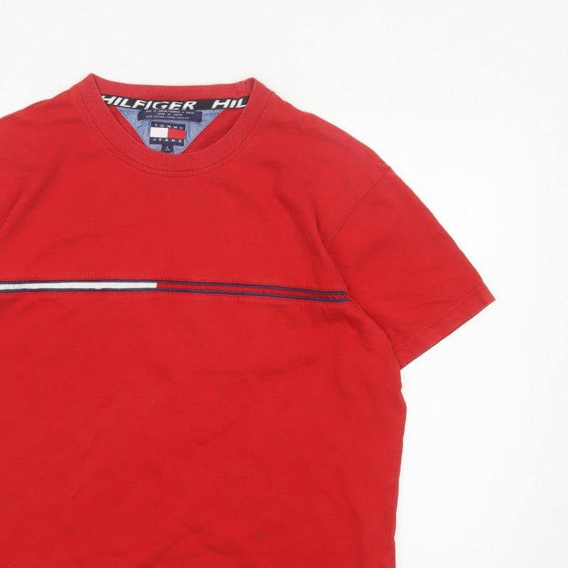 Tommy Jeans Men’s Red L Cotton Colourblock Stripe Crew Neck T-Shirt