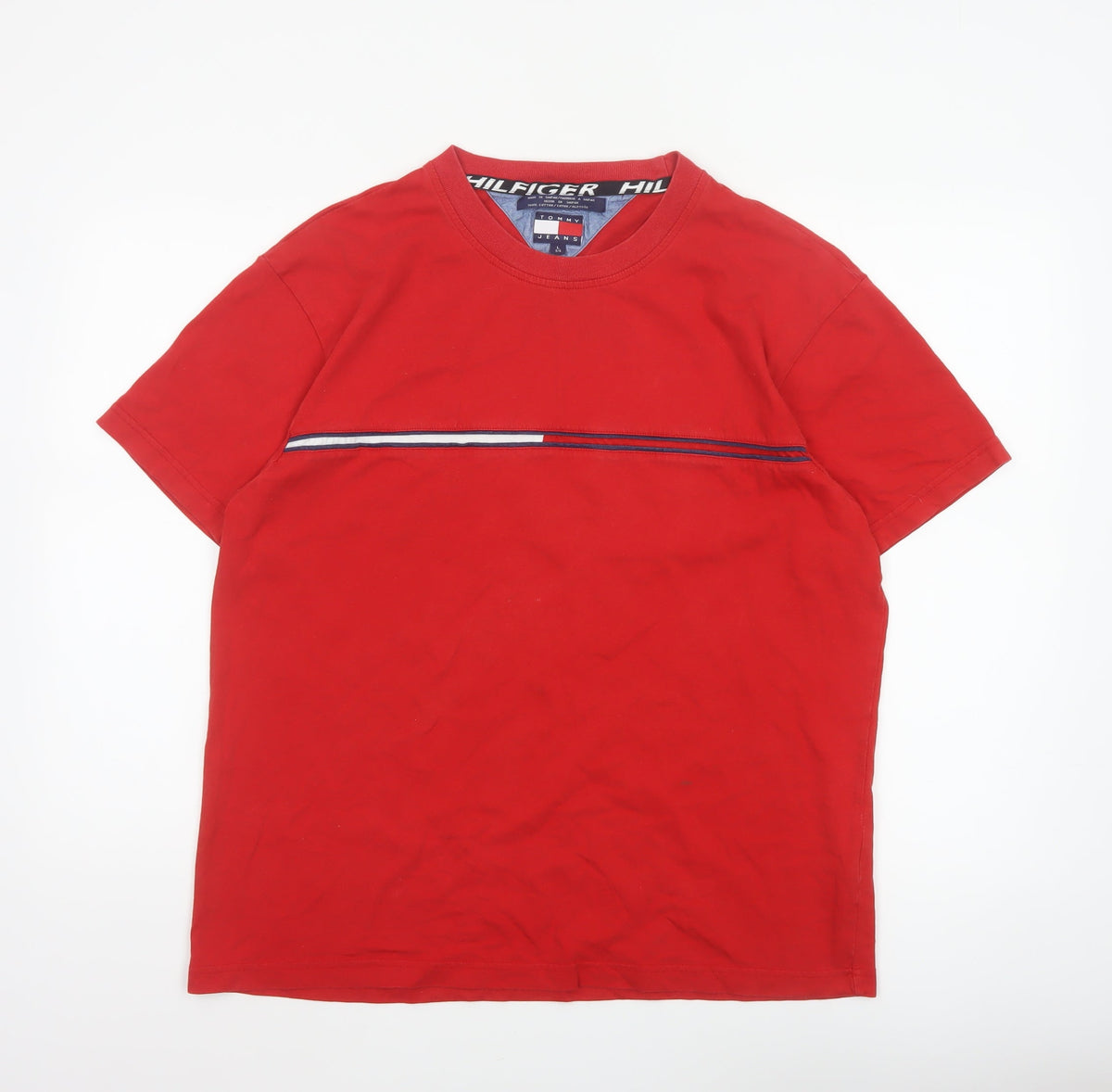 Tommy Jeans Men’s Red L Cotton Colourblock Stripe Crew Neck T-Shirt