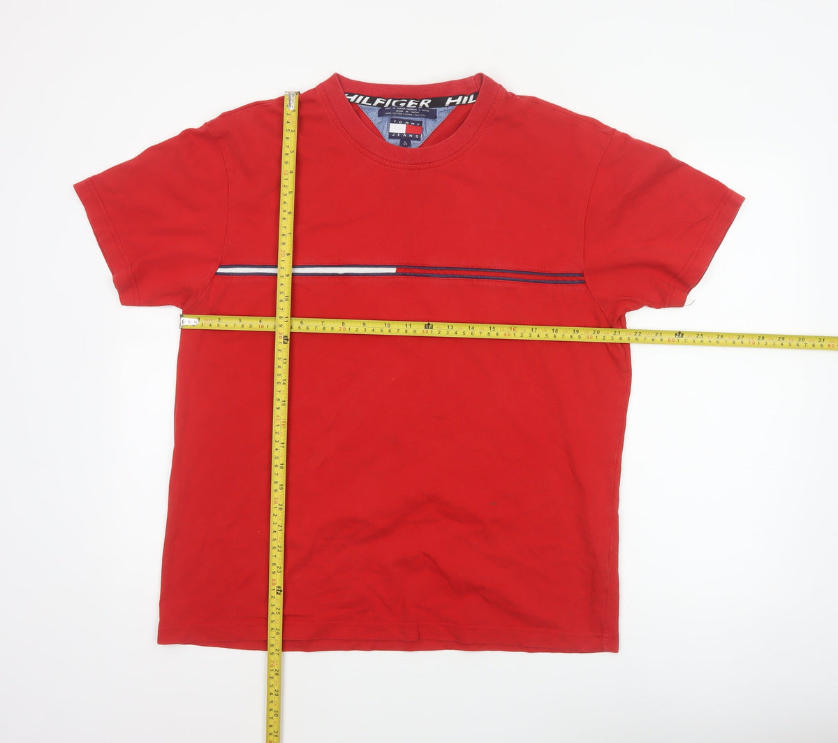 Tommy Jeans Men’s Red L Cotton Colourblock Stripe Crew Neck T-Shirt