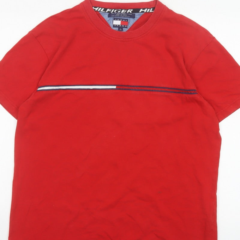 Tommy Jeans Men’s Red L Cotton Colourblock Stripe Crew Neck T-Shirt