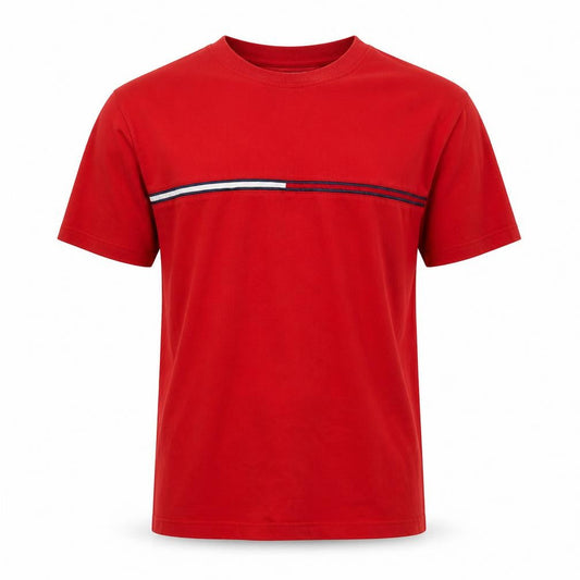 Front view of Tommy Jeans Men’s Red L Cotton Colourblock Stripe Crew Neck T-Shirt