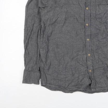 Primark Men Grey L Herringbone Organic Cotton Button-Down Shirt