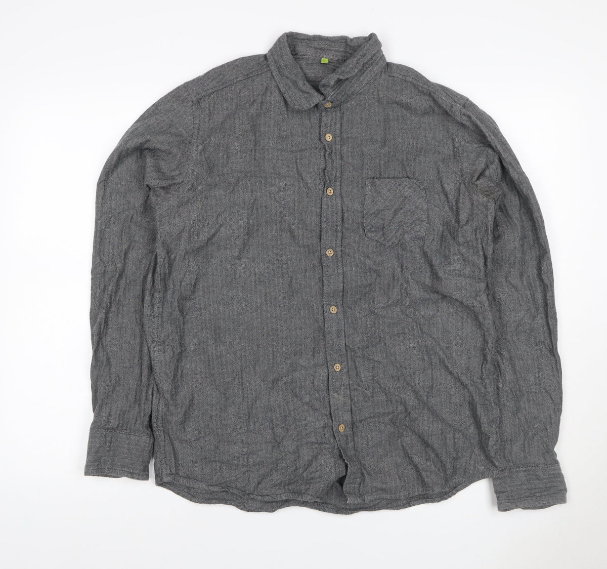 Primark Men Grey L Herringbone Organic Cotton Button-Down Shirt