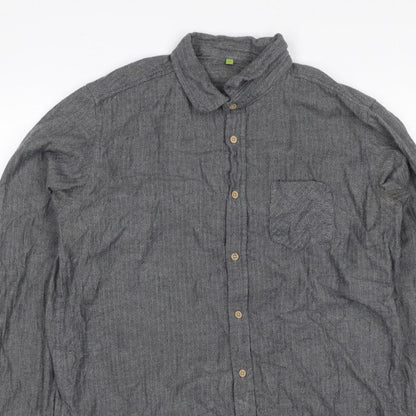 Primark Men Grey L Herringbone Organic Cotton Button-Down Shirt
