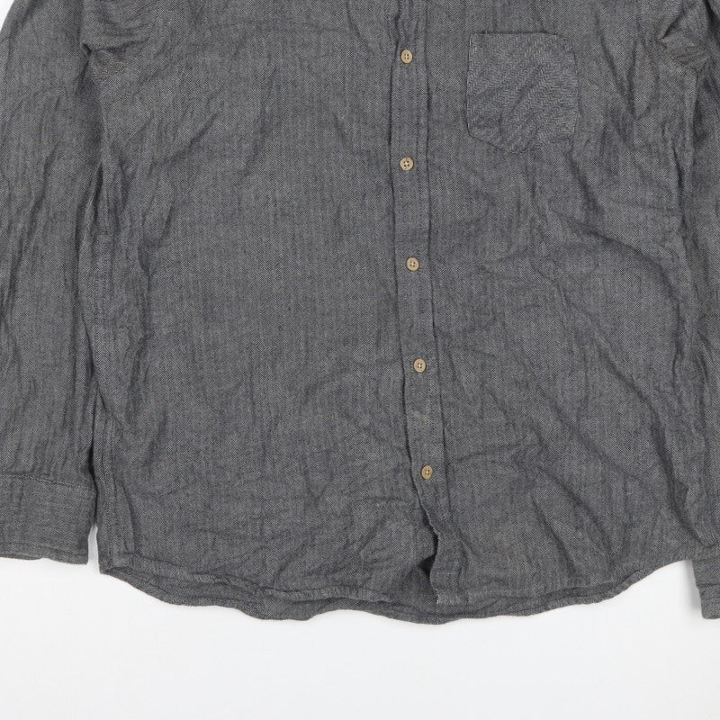 Primark Men Grey L Herringbone Organic Cotton Button-Down Shirt
