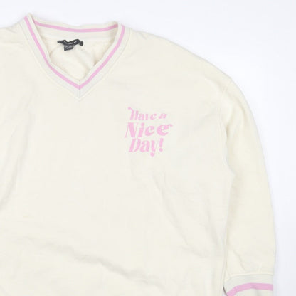 Primark Women’s Ivory L Pullover Sweatshirt Pink Slogan V-Neck