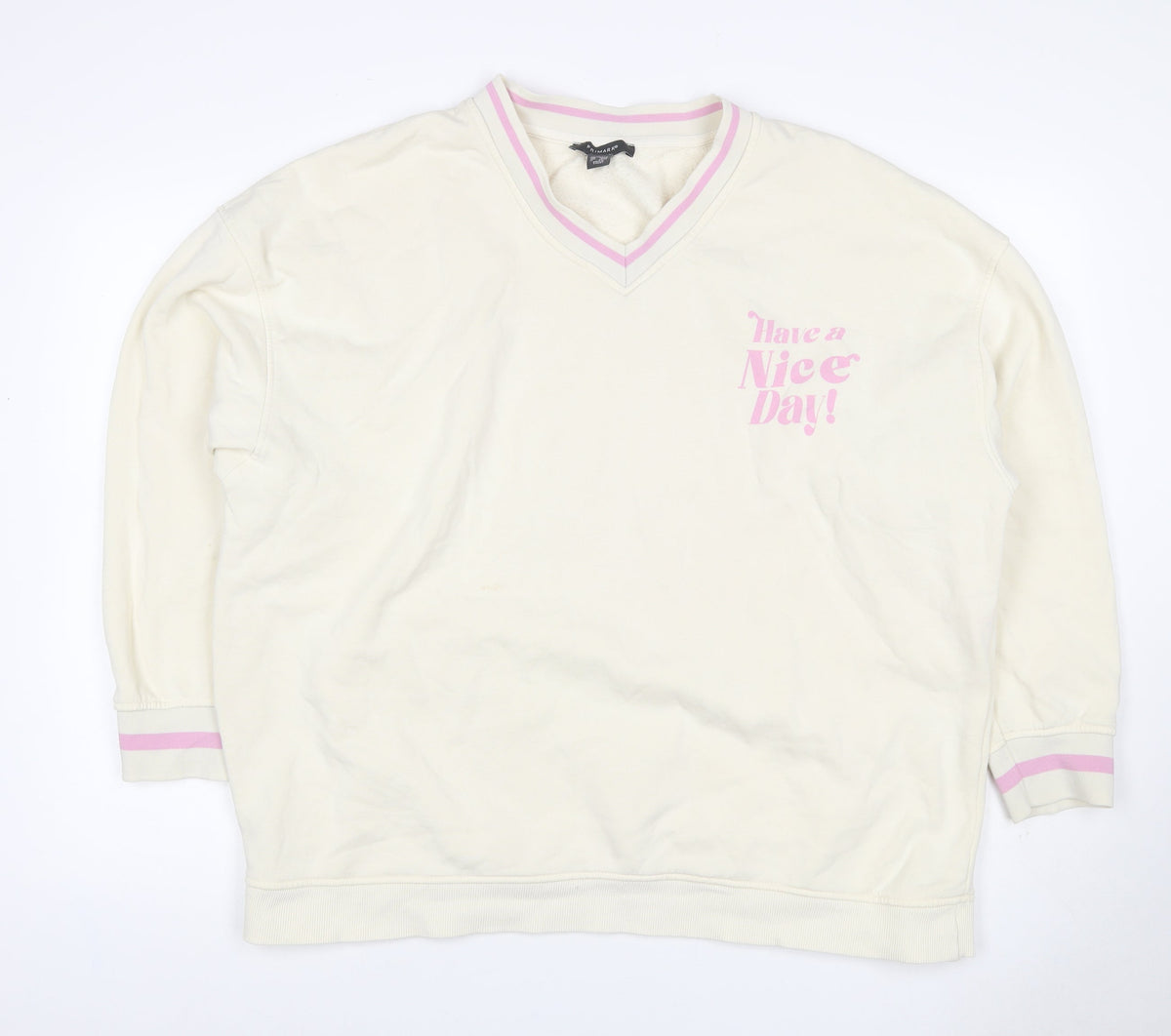Primark Women’s Ivory L Pullover Sweatshirt Pink Slogan V-Neck