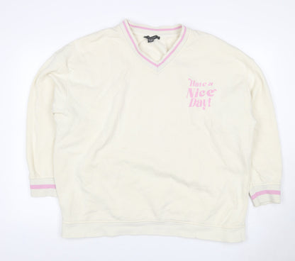 Primark Women’s Ivory L Pullover Sweatshirt Pink Slogan V-Neck