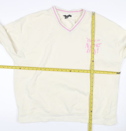 Primark Women’s Ivory L Pullover Sweatshirt Pink Slogan V-Neck